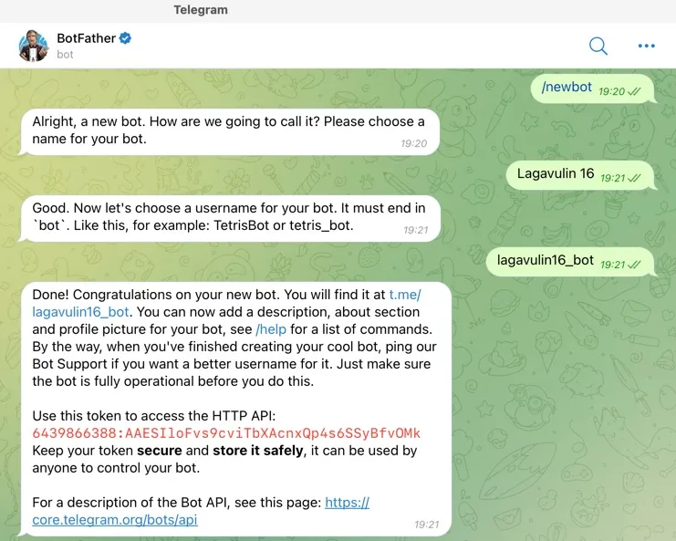 Figure 3. Registering a new bot on Telegram and obtaining a token via BotFather