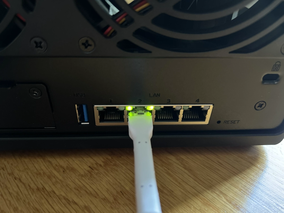 Green LAN LEDs Indicating Network Connection on Synology NAS